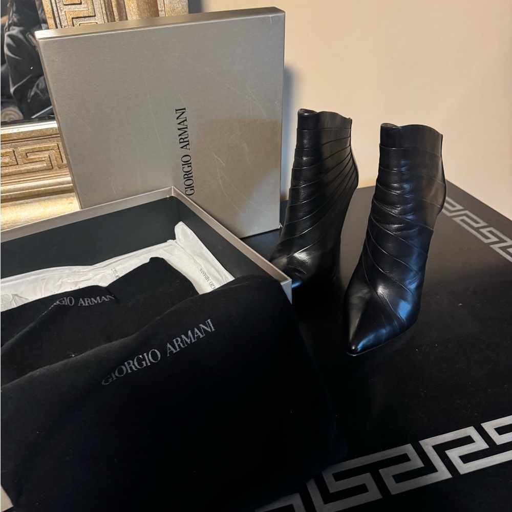 Giorgio Armani Black Ankle Boots Sleek Patent Leather